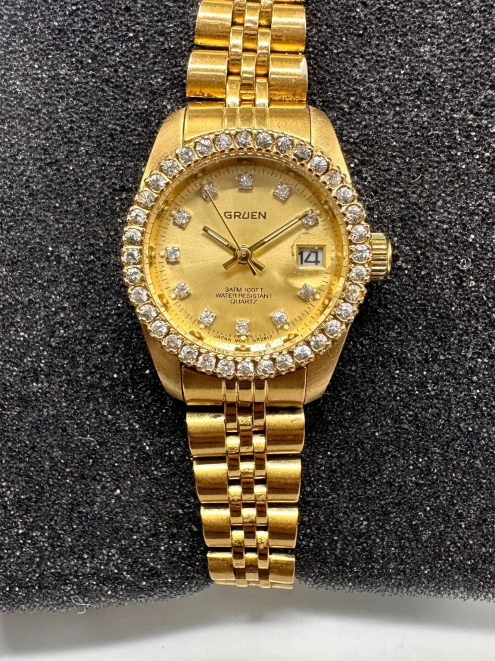 Gruen Watch Women Gold Tone Crystal Bezel Not Working Selling AS IS 7.25
